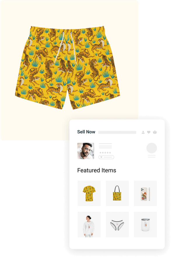 Yellow custom men's swim trunks with a pattern of tiny tigers among green bushes.
